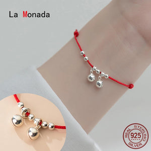 925 Silver Double Bell Red Rope Bracelets Lucky Adjustable