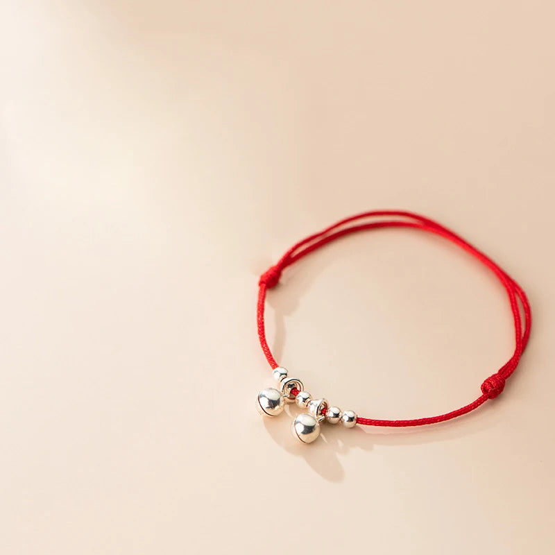 925 Silver Double Bell Red Rope Bracelets Lucky Adjustable
