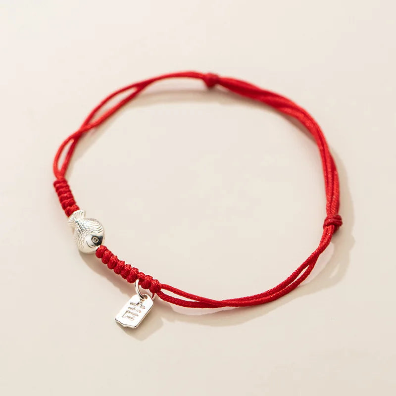 925 Silver Fish Red Rope Bracelets - Lucky Adjustable Blessing