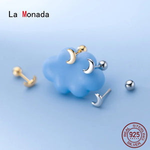 925 Silver Moon Stud Earrings Minimalist Design Women's Jewelry