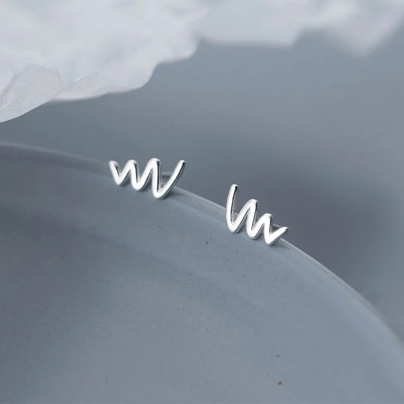 925 Silver Wave Line Stud Earrings Minimalist Glossy Design