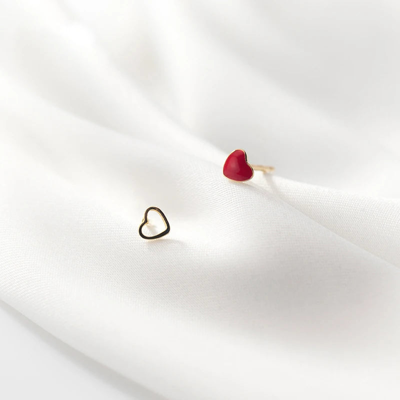 Red Heart Asymmetrical Stud Earrings 925 Silver Women