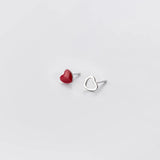 Red Heart Asymmetrical Stud Earrings 925 Silver Women