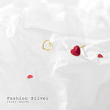 Red Heart Asymmetrical Stud Earrings 925 Silver Women