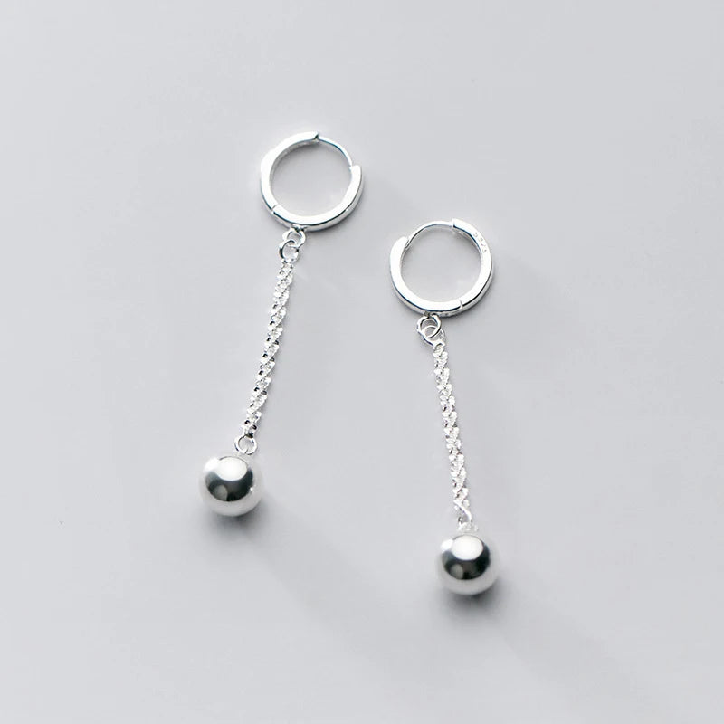 Silver 925 Ball Hanging Hoop Earrings Minimalist Jewelry