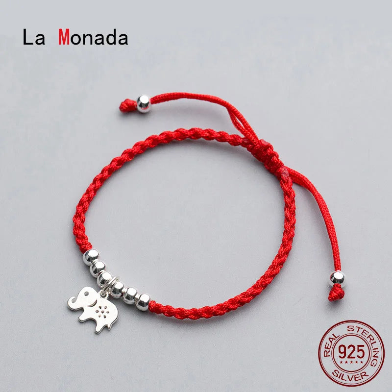Elephant Charm Red Thread Hand Bracelet 925 Sterling Silver Women
