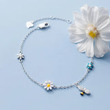 Minimalist Silver 925 Bracelet Female Woman with Daisy Bee Flower