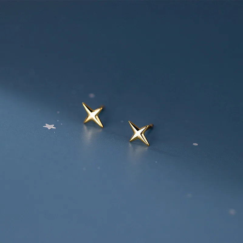 4-Point Star Stud Earrings 925 Sterling Silver Small Silver Earrings For Women