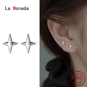 4-Point Star Stud Earrings 925 Sterling Silver Small Silver Earrings For Women