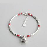 925 Sterling Silver Red Thread Bracelet Bell Tube Women Silver 925