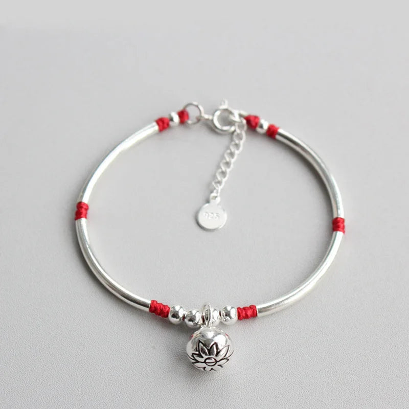 925 Sterling Silver Red Thread Bracelet Bell Tube Women Silver 925