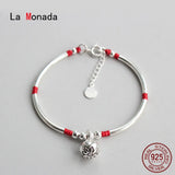 925 Sterling Silver Red Thread Bracelet Bell Tube Women Silver 925