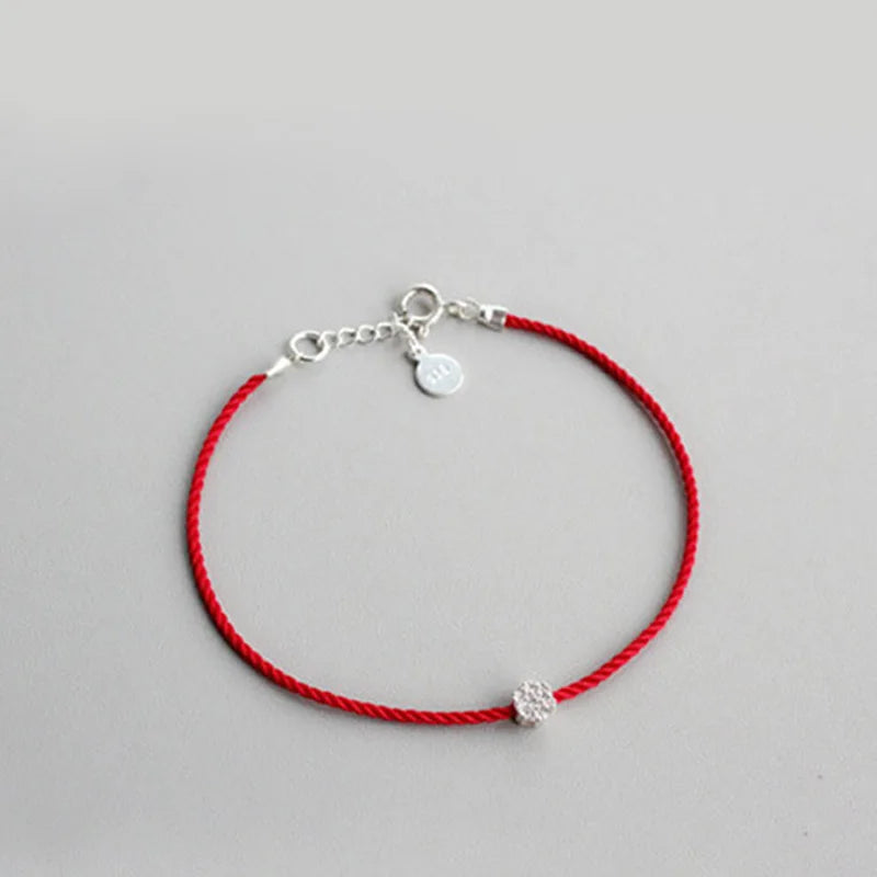 Red Flower Rope Bracelet 925 Sterling Silver Women's Hand String