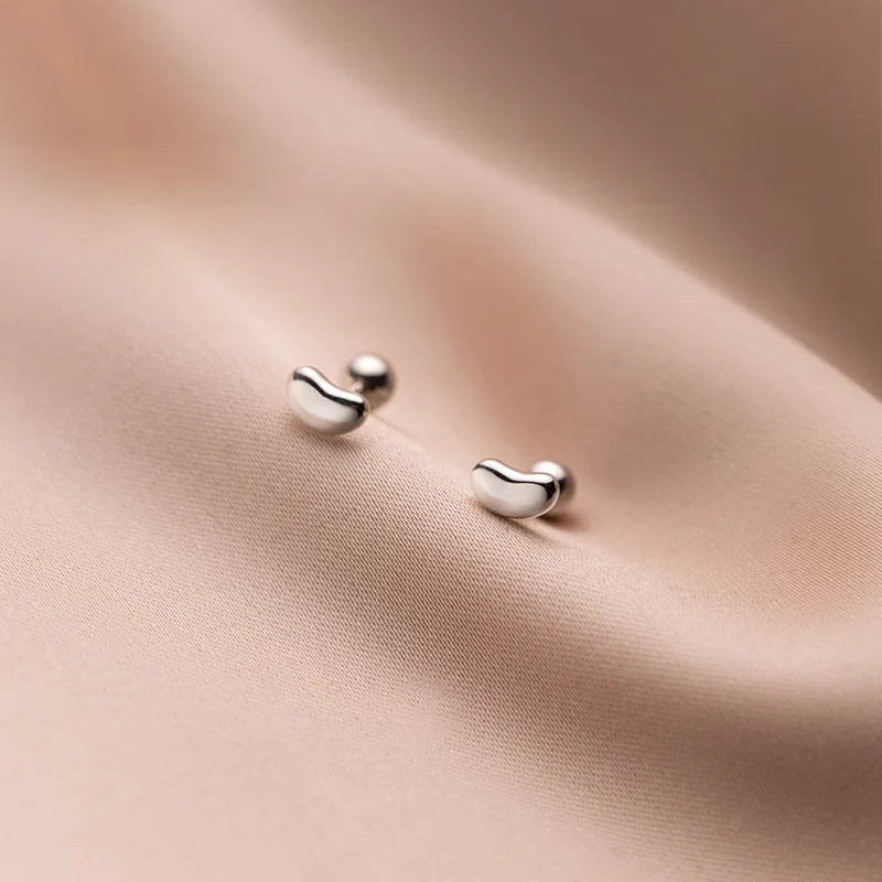 Small Stud Earrings 925 Sterling Silver Glossy Bean Heart Design
