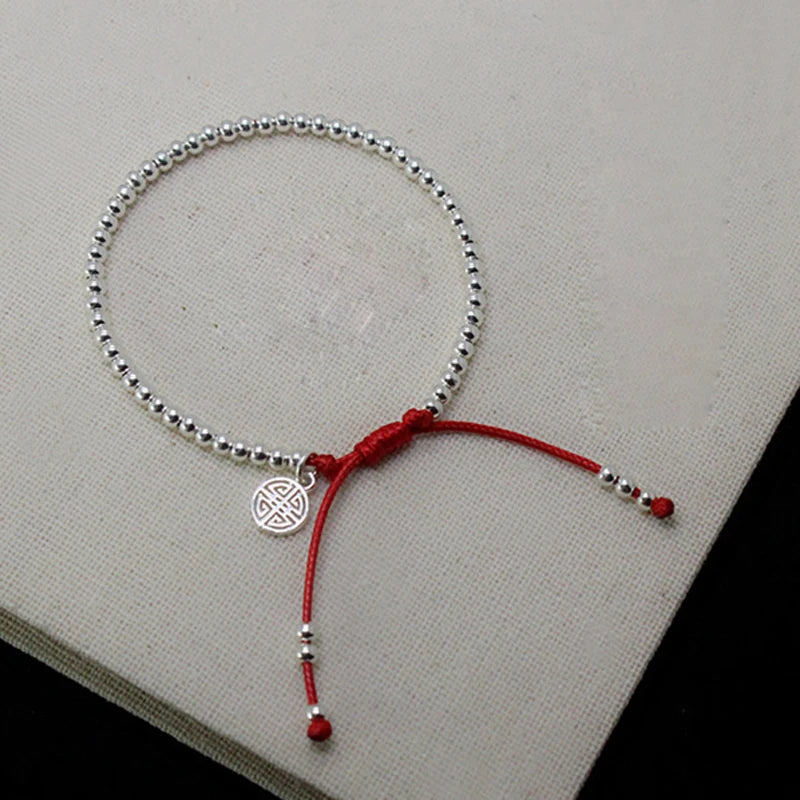 Small Bead Red Thread 925 Silver Bracelet for Women