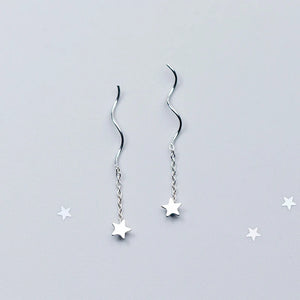 Silver Star Wave Dangling Earrings For Women 925 Silver