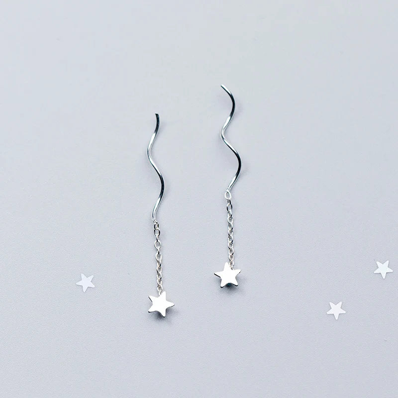 Silver Star Wave Dangling Earrings For Women 925 Silver