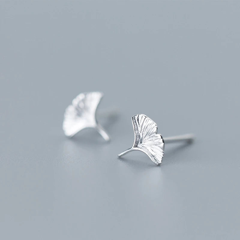 Ginkgo Leaf Stud Earrings 925 Silver Minimalist Women Jewelry