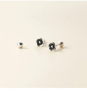 925 Silver Small Screw Earrings Retro Flower Nut Girls
