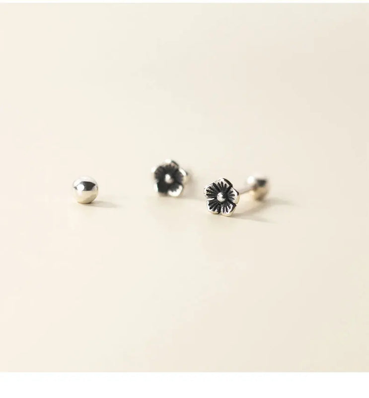 925 Silver Small Screw Earrings Retro Flower Nut Girls