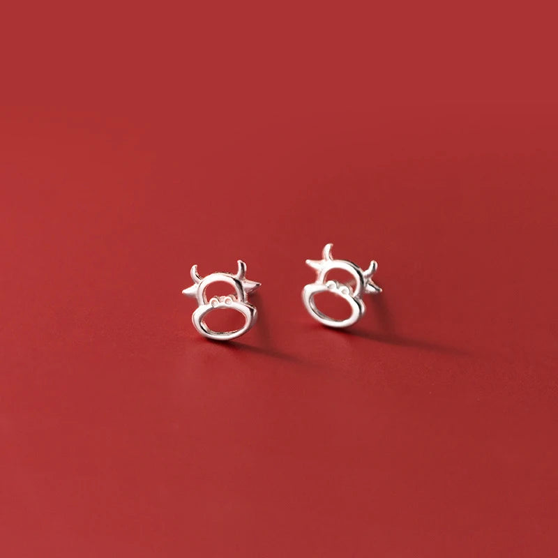 Zodiac Cow Ox Stud Earrings Silver 925 Minimalist Women Jewelry
