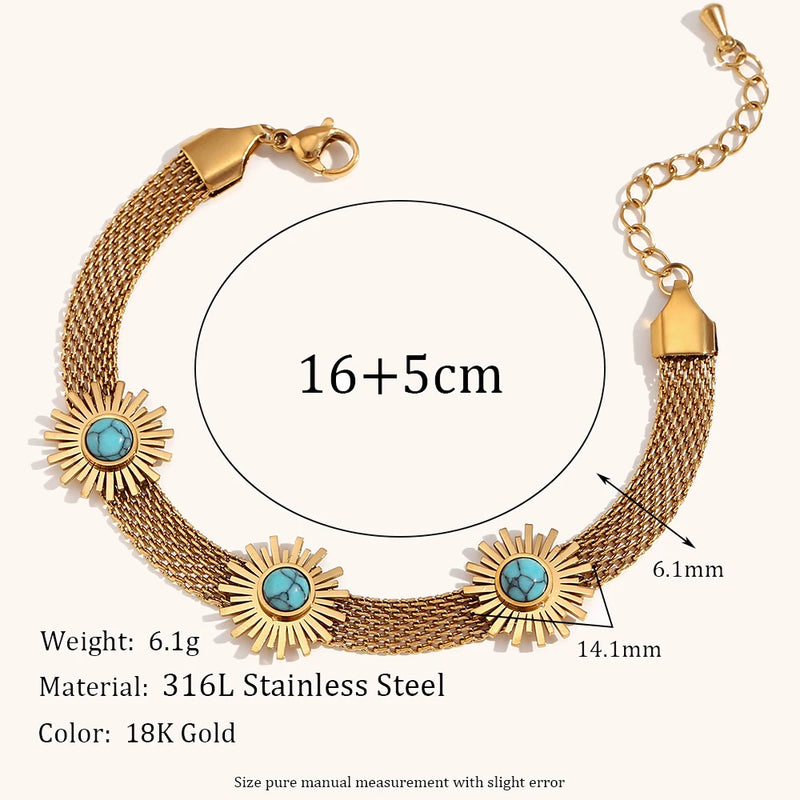Muses Turquoise Sunflower Mesh Chain Bracelet 18K Plated Stainless Steel