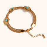 Muses Turquoise Sunflower Mesh Chain Bracelet 18K Plated Stainless Steel
