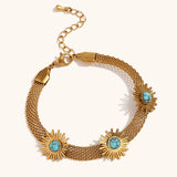 Muses Turquoise Sunflower Mesh Chain Bracelet 18K Plated Stainless Steel