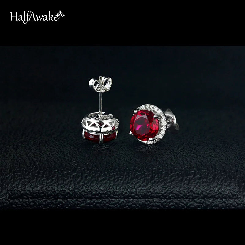 Lab Ruby Silver Stud Earrings For Women Piercing Jewelry