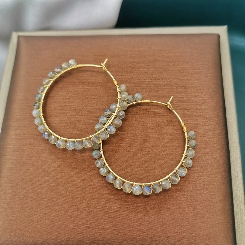 Labradorite Boho Earrings 14K Filled Hoops Moonstone Statement Jewelry