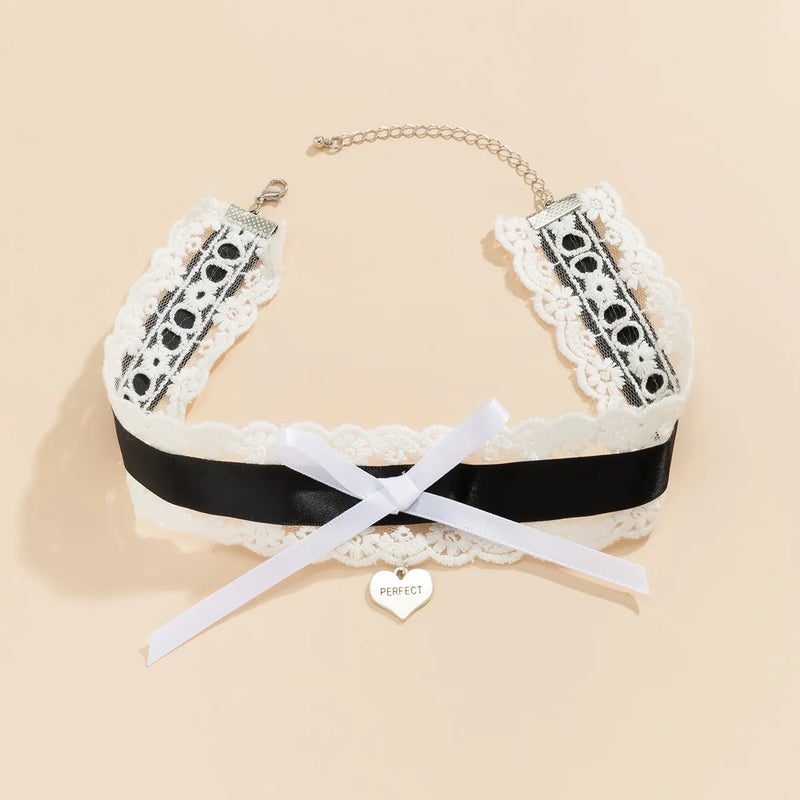 Lace Heart Letter Pendant Bow Choker Necklace Women Sexy Glamour