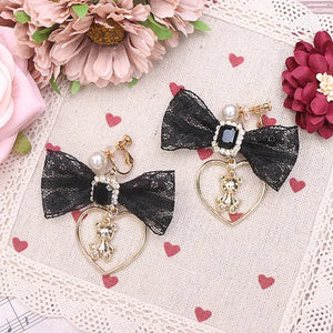 Sweet Bow Bear Clip Earrings Pink Japanese Style Girls Lace Love Pendant