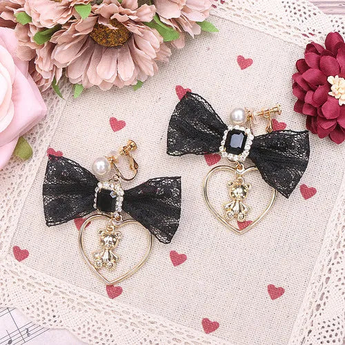 Sweet Bow Bear Clip Earrings Pink Japanese Style Girls Lace Love Pendant