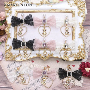 Sweet Bow Bear Clip Earrings Pink Japanese Style Girls Lace Love Pendant