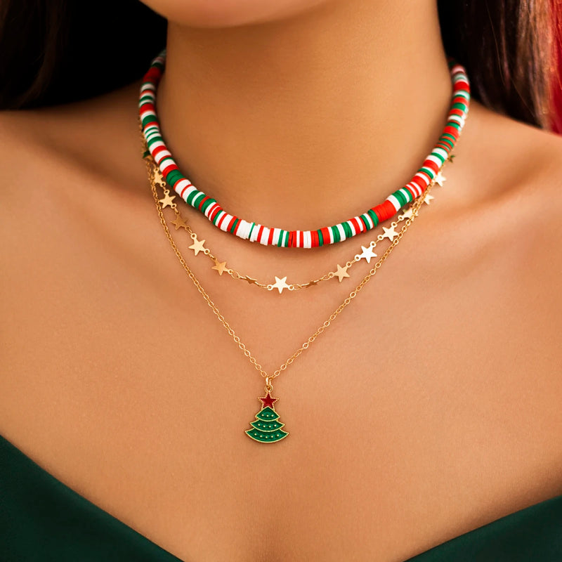 Snowflake Bell Pendant Necklace Colorful Beads Choker Christmas Jewelry