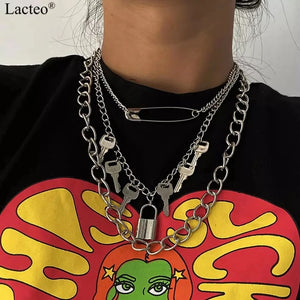 Gothic Lock Key Angel Pendant Necklace Punk Choker Jewelry for Men and Women