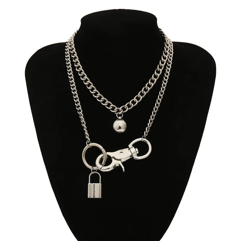 Big Button Lock Charm Pendant Necklace Punk Metal Choker Collar Female Jewelry