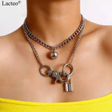 Big Button Lock Charm Pendant Necklace Punk Metal Choker Collar Female Jewelry