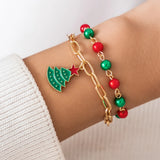 Snowman Tree Charm Christmas Bracelet for Women Girls Red Green Beads