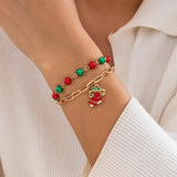 Snowman Tree Charm Christmas Bracelet for Women Girls Red Green Beads