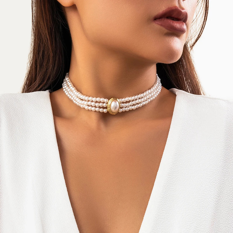 Multilayer Natural Stone Beads Pearl Choker Necklace for Women