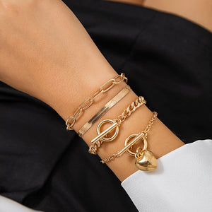 Heart Charm Bangles Snake Chain Multilayer Bracelets Set