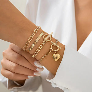 Heart Charm Bangles Snake Chain Multilayer Bracelets Set