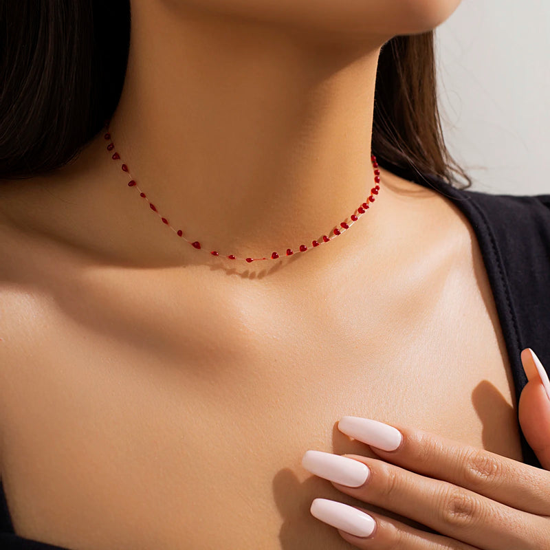 Red Beads Charm Choker Fish Line Necklace for Women