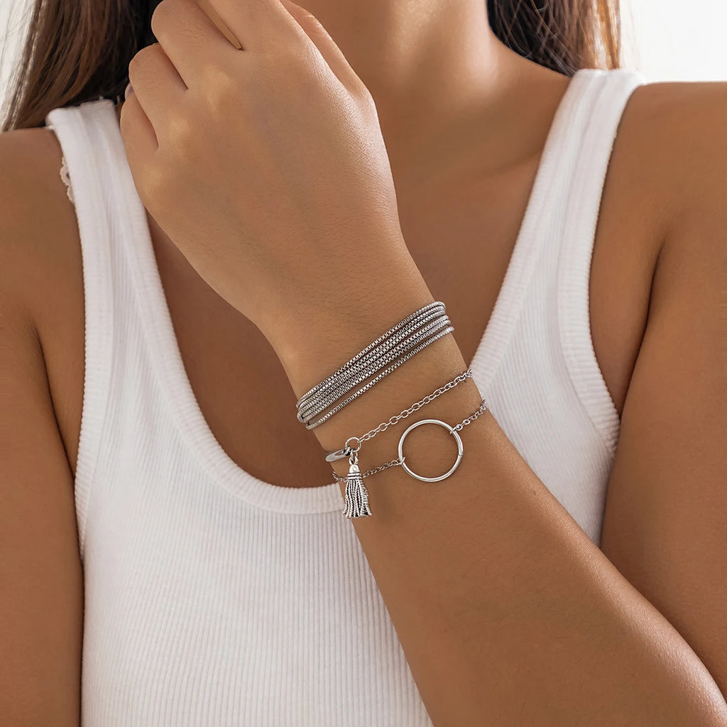 Vintage Silver Multilayer Chain Bracelet Ring Charm Bangle