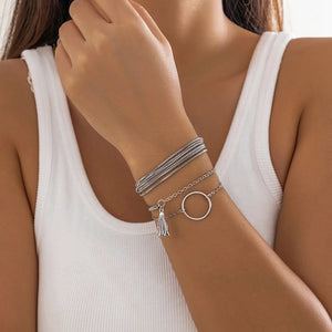 Vintage Silver Multilayer Chain Bracelet Ring Charm Bangle