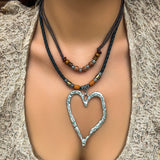 Vintage Wood Beads Heart Pendant Necklace Adjustable Rope Chain Choker