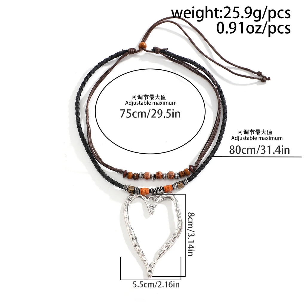 Vintage Wood Beads Heart Pendant Necklace Adjustable Rope Chain Choker