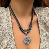 Vintage Wood Beads Heart Pendant Necklace Adjustable Rope Chain Choker
