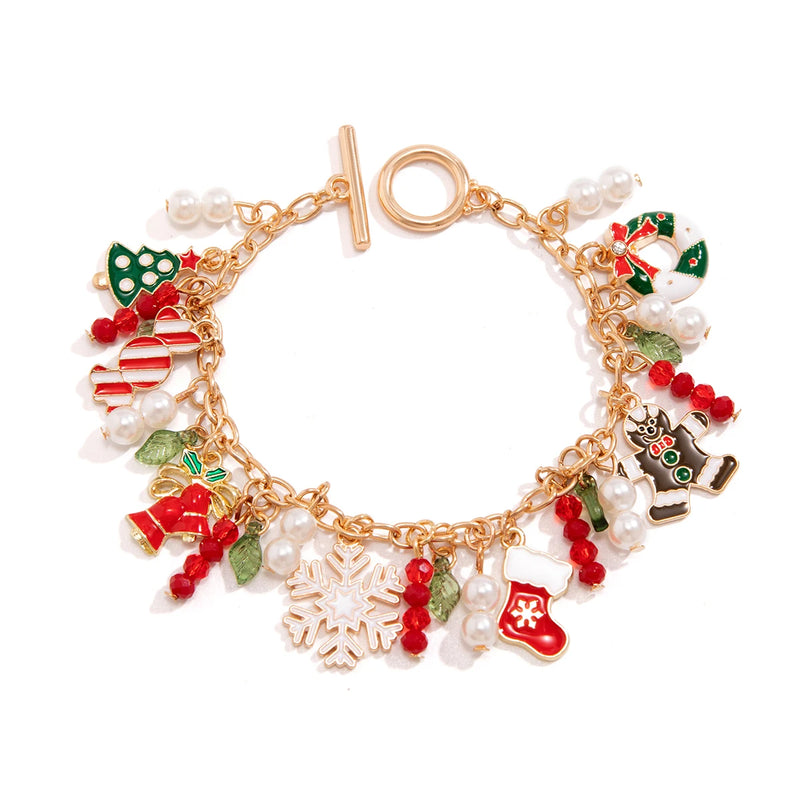 Y2K Snowflake Christmas Tree Charm Bracelet Crystal Beads Pearl Bangle